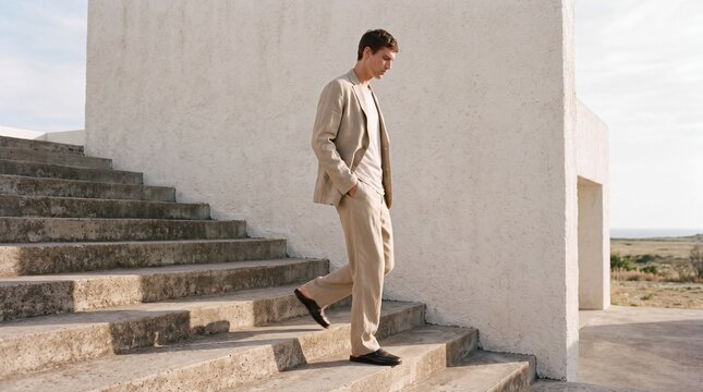 Young Man in Linen Suit Walking Down Outdoor Stairs