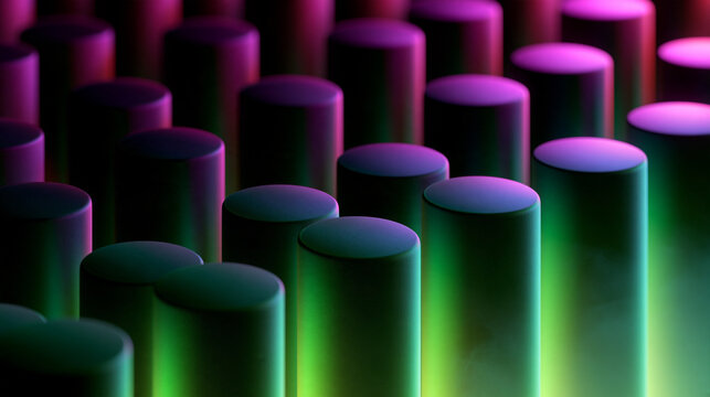 Abstract 3D Cylinders with Neon Green and Purple Lighting