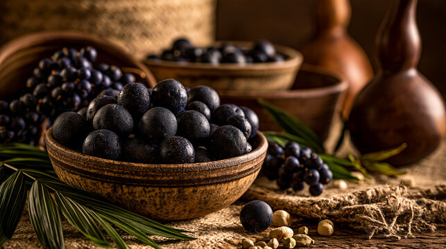 Fresh Acai Berries in Rustic Bowl on Wooden Table
