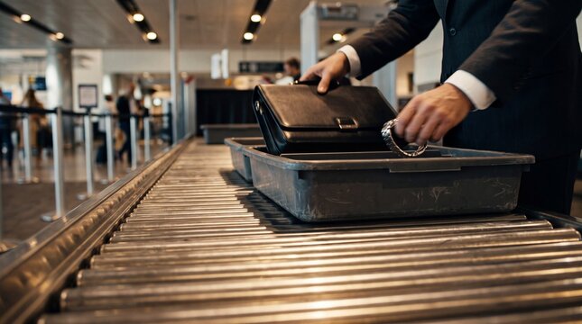 Businessman Putting Briefcase in Security Tray at Airport Checkpoint