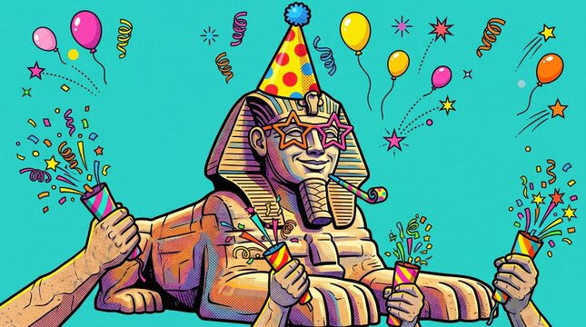Great Sphinx Celebrating with Party Hat Confetti and Balloons