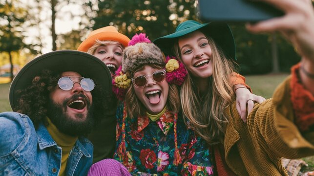 cheerful group of friends taking selfie outdoors, laughing and smiling in colorful hats and sunglasses while looking at smartphone camera