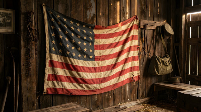 American flag on barn wall with rustic wooden background and vintage
