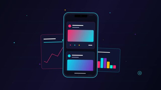 Smartphone mobile app interface showing data analytics and graphs