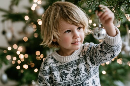 Child Decorating a Christmas Tree with Festive Ornaments