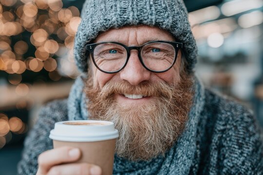 Smiling Bearded Man Enjoying Coffee on a Chilly Winter Day