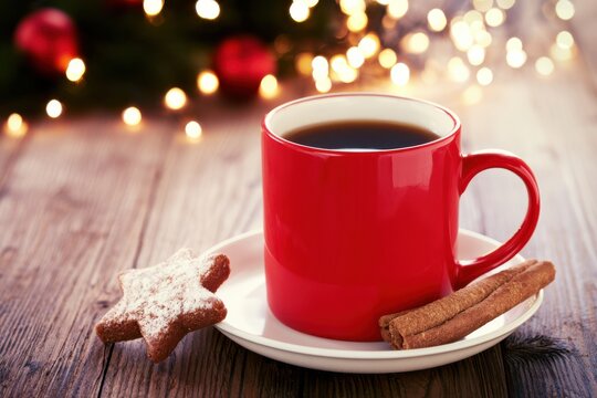 Festive Coffee with Gingerbread and Cinnamon by Christmas Lights