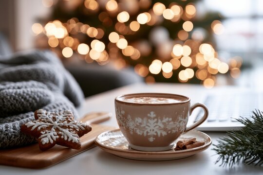 Cozy Holiday Hot Chocolate with Gingerbread and Twinkling Lights