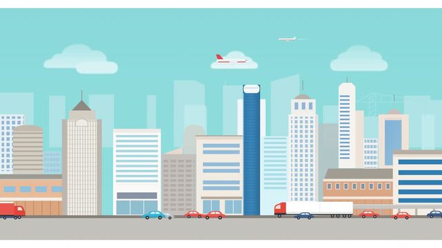 Flat city skyline animation with urban traffic and skyscrapers
