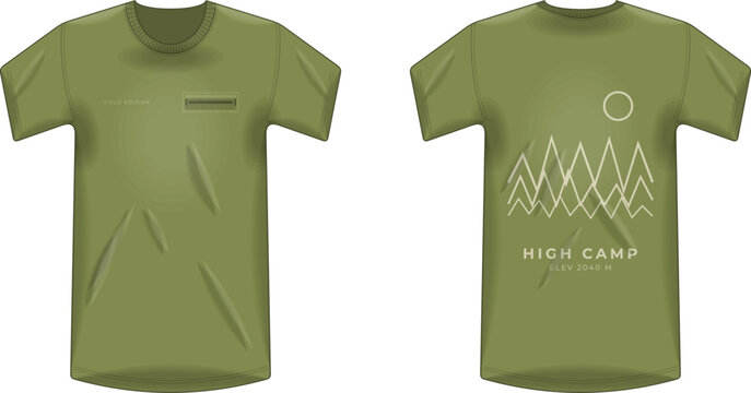Olive Green T-Shirt with Mountain Line Art High Camp Graphic &mdash; Front and Back Vector Design