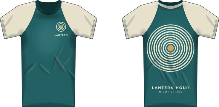 Teal and Cream T-Shirt with Concentric Circle Lantern Hour Graphic &mdash; Front and Back Vector Design