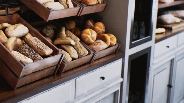 Freshly baked bread displayed in wooden crates on shelves inside a bakery during the morning hours