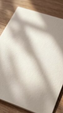 Blank white paper on wooden desk with leaf shadow