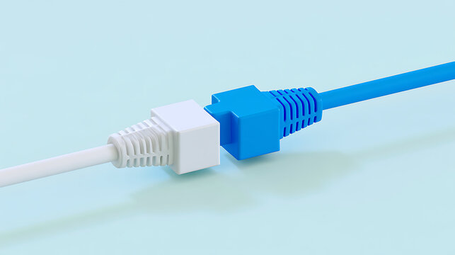 Blue and white ethernet cables connect together on a clean light background for digital network communication and fast data transfer concept
