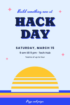 Hackathon event poster with blue sunset stripes