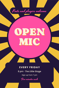 Open mic event poster with purple sunburst rays