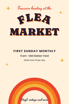 Flea market event poster with warm orange groovy rainbow