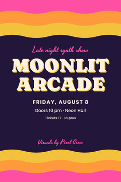 Synthwave concert poster with purple wavy stripes