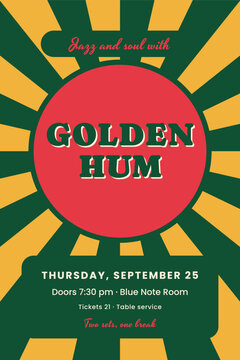 Jazz soul concert poster with green and red sunburst rays