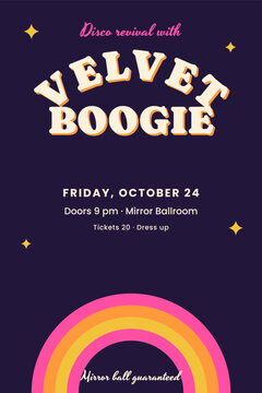 Disco revival concert poster with purple groovy rainbow