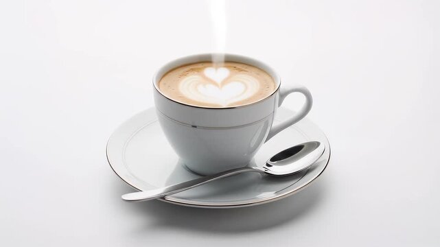 Hot coffee cup with heart latte art on white table