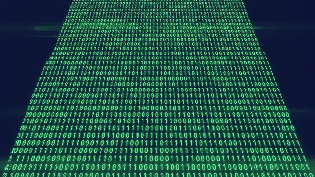 Digital binary code stream on dark background