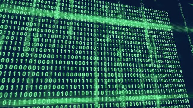 Green binary code streaming on dark background