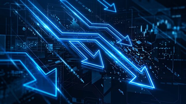 Futuristic Digital Abstract Composition With Multiple Glowing Blue Neon Arrows Plunging Diagonally Downward Symbolizing Financial Market Downturn Economic Crisis And Tech Stock Exchange Losses blue