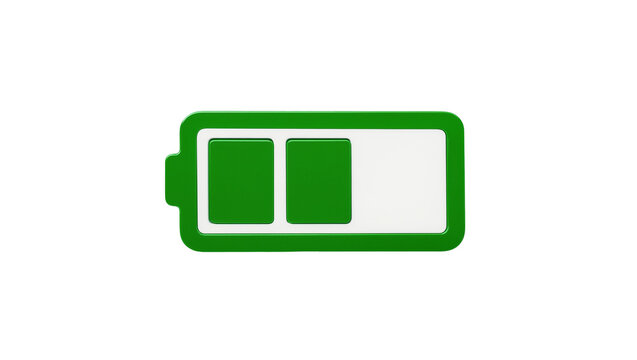 Isolated bright green battery icon displaying two out of three charge segments, medium power level