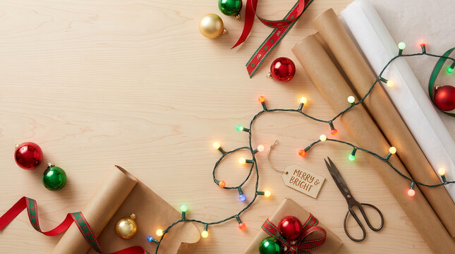 Christmas gift wrapping supplies with colorful string lights and ornaments on a wooden table