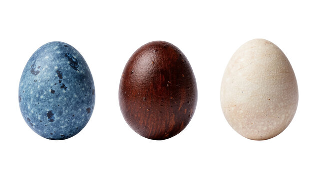 Isolated three colorful natural eggs standing side by side showing natural patterns and textures
