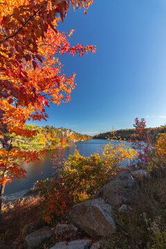 Lake Minnewaska in Minnewaska State Park, NY, on a crisp and clear Autumn morning surrounded by vivid fall foliage