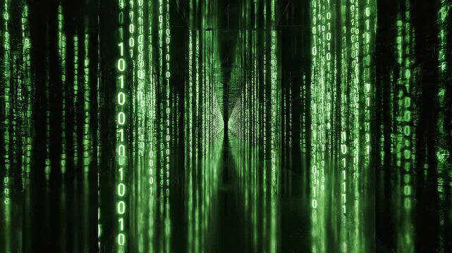 Digital matrix binary code tunnel with glowing green numbers