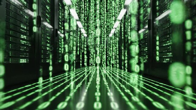 Server room with green digital binary code streams