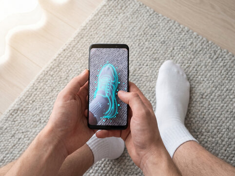 AR sneaker virtual try on app mobile shopping 3D foot size scanner, augmented reality shoe fitting wireframe mesh tracking, consumer POV holding smartphone carpet floor retail generative ai