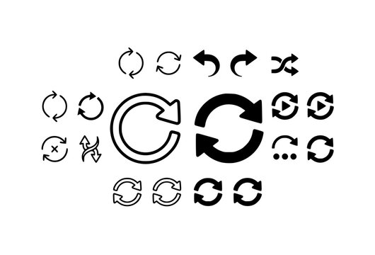 Action repetition line and solid icon set with repeat refresh loop replay and sync symbols