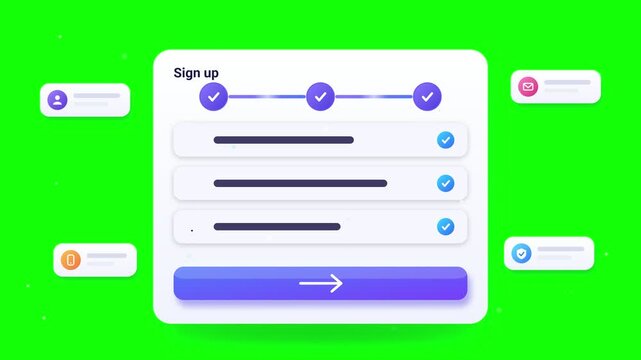 Animated User Sign Up Interface with Progress Tracker and Button Click