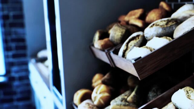 Freshly baked bread loaves and rolls arranged neatly on wooden display shelves inside a local bakery shop