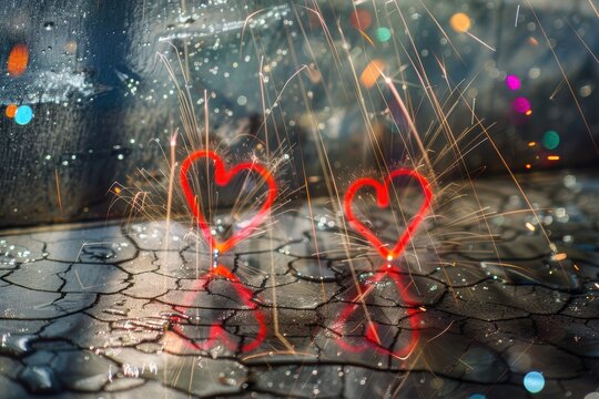Bright neon hearts light up city streets at night. Luminous neon heart contours cast radiant glow on pavement amid shimmering puddles and lively city bokeh during night
