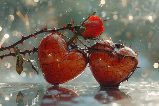Brightly shining rosehips with dew drops on spiky branches visualized. Vividly sparkling rosehips accompanied by dew droplets on sharp thorny twigs create cinematic scenery