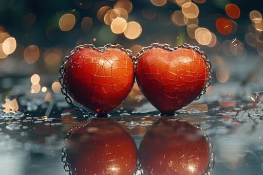 Gentle depiction of intertwined crimson hearts on glossy surface. Tranquil scene showing luminous red hearts reflected with sparkling highlights on smooth surface