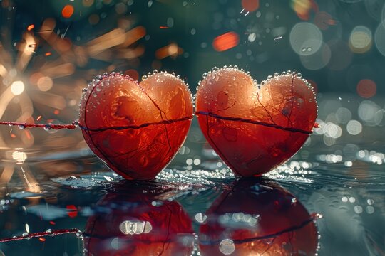 Hearts adorned with sparkling drops. Glistening reflections on tender emotional hearts. Tender hearts coated with lush glistening droplets and radiant shimmering effects