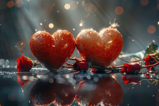 Hearts and flowers. Bright hearts amidst blooming roses. Glowing hearts settle close to vibrant roses. Shining hearts rest beside colorful blossoms on reflective surfaces