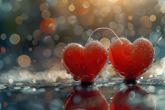 Hearts linked together. Small hearts connected by thread. Tiny hearts joined through delicate string connection. Miniature heart shapes bound by fine fragile thread links