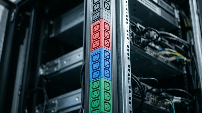 Vertical PDU with red blue and green colored outlet groups on server rack, rack power distribution