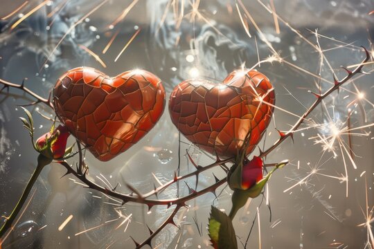 Mosaic love in harsh surroundings. Light sparks highlight contrast of suffering and strength. Cinematic scene showing two hearts on thorns with radiant light and resilience