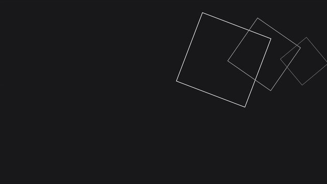 Minimalist geometric motion background, with rotating white, square frames on, dark background abstract