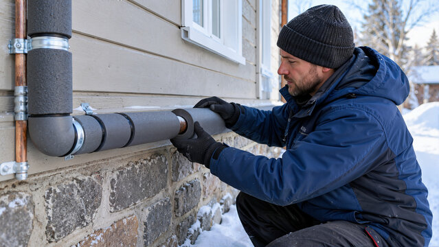 Worker fitting protective thermal insulation over exterior pipe in winter. Preventing frozen plumbing lines outside home