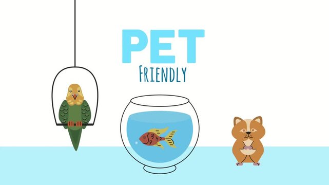 Cute Pet Animals with Parrot, Goldfish and Hamster in Minimalist Cartoon Illustration