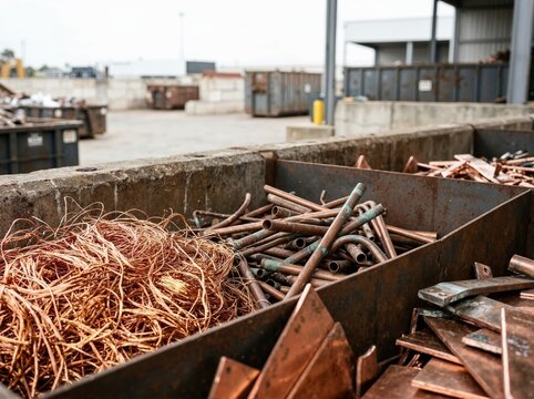 Sorted copper scrap metal in industrial recycling yard. Bins of copper wire, plumbing pipes, and plates